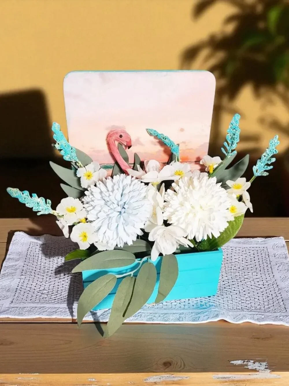 Summer Artificial Flower Arrangement in Wooden Decoupaged Planter - Picture 2 of 4